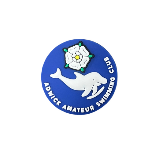 The Adwick Amateur Swimming Club Shoe Charm by All4Swim is a blue circular badge with a white dolphin, a white rose with green leaves at the top, and club text—an ideal poolside accessory or swimming shoe charm.