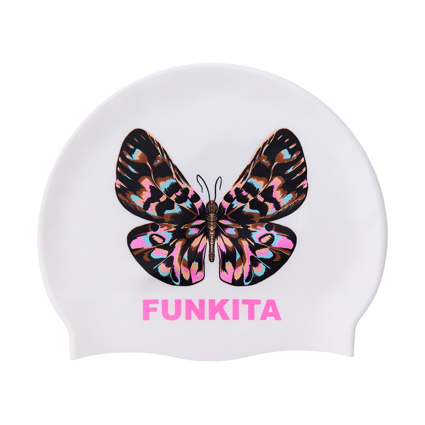 The Funkita Copper Cluster Swim Hat is a white, one-size silicone cap featuring a vibrant butterfly design in the center and “FUNKITA” in bold pink lettering below. Latex free for comfortable, colorful swimming style.