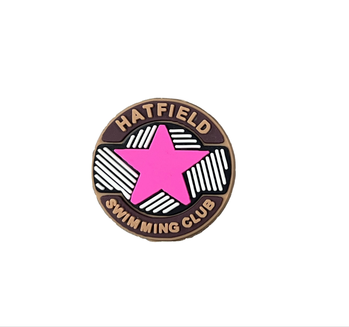 The All4Swim Hatfield Swimming Club Shoe Charm features a round badge with "HATFIELD SWIMMING CLUB" around a large pink star on a black and white striped background—ideal as a fun swimming shoe charm or poolside accessory.