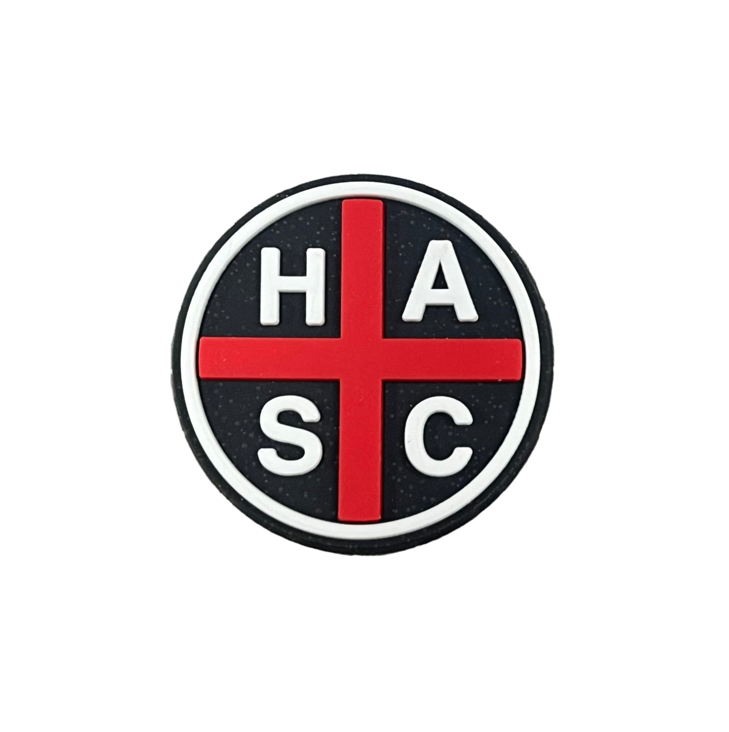 The All4Swim Hoylake Swimming Club Shoe Charm - Round displays a circular black background with a bold red cross and white "H," "A," "S," and "C" letters—an ideal croc or swim shoe charm for poolside accessory collections.