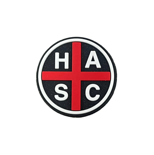 The All4Swim Hoylake Swimming Club Shoe Charm - Round displays a circular black background with a bold red cross and white 