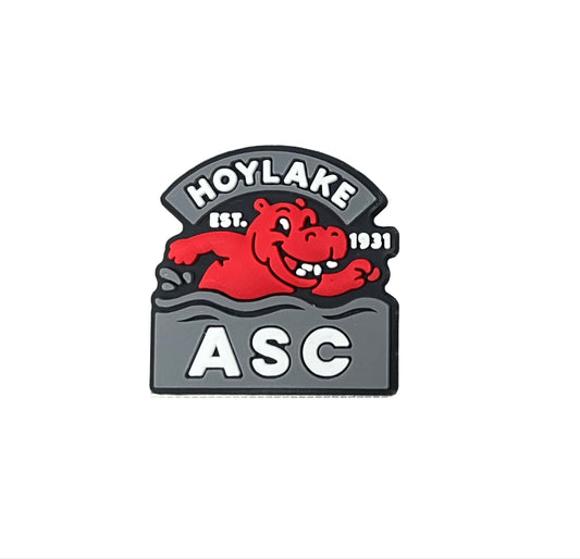 The Hoylake Swimming Club Shoe Charm – Hippo by All4Swim features a smiling red hippo, “HOYLAKE” above, “Est. 1931” beside, and bold “ASC” below on gray—ideal for Crocs or as a swimming pool shoe accessory.
