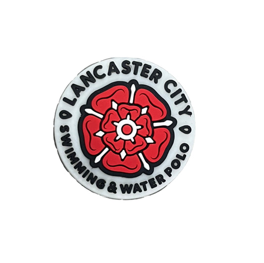 The All4Swim Lancaster City Swimming Club Shoe Charm features a circular design with a red and white rose, encircled by 