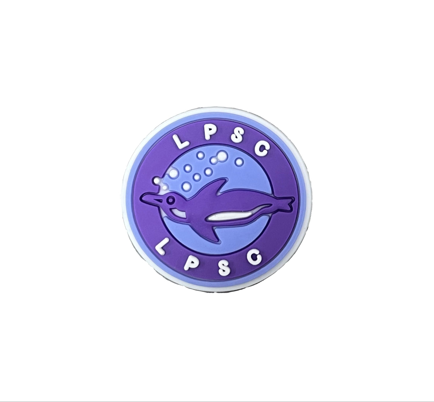 The Leicester Penguins Swimming Club Shoe Charm by All4Swim features a round design with "LPSC" written twice and a cute purple penguin swimming among blue bubbles—an adorable accessory for any poolside look.