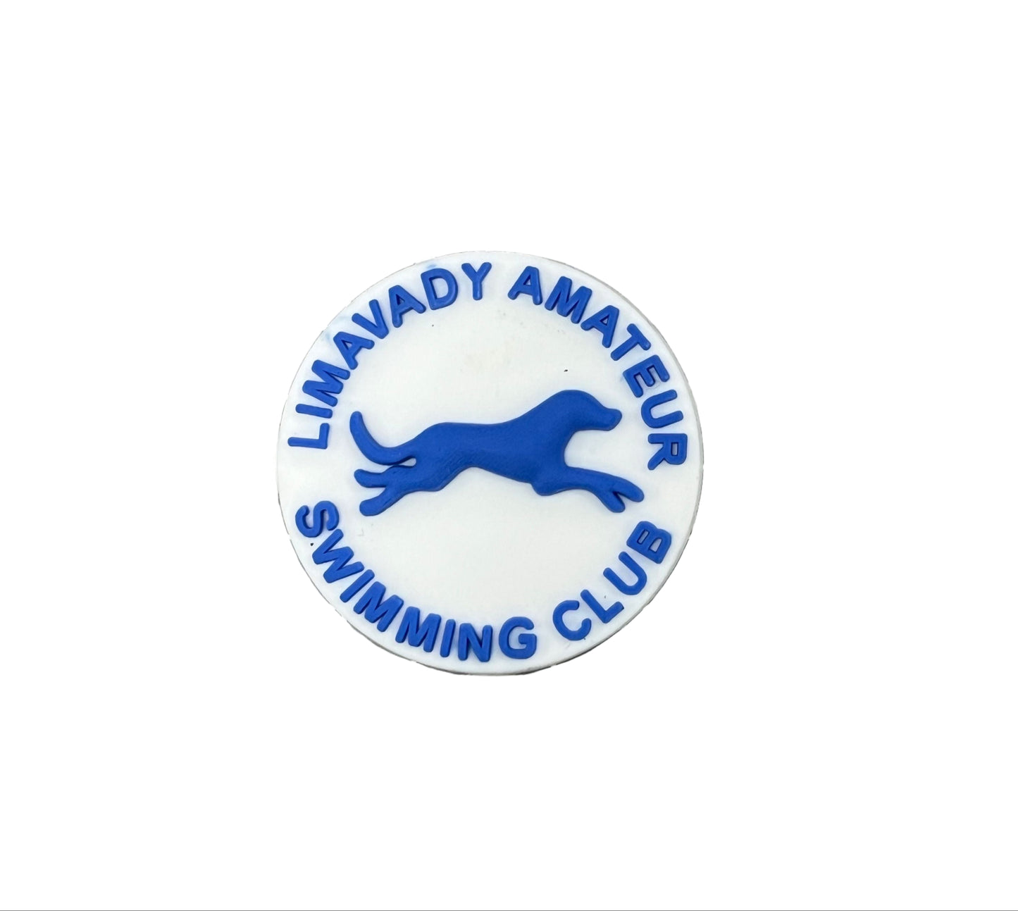 The Limavady Swimming Club Shoe Charm by All4Swim features a round white badge with a blue greyhound and "LIMAVADY AMATEUR SWIMMING CLUB" text—an ideal poolside accessory for swimmers and perfect as a croc charm.
