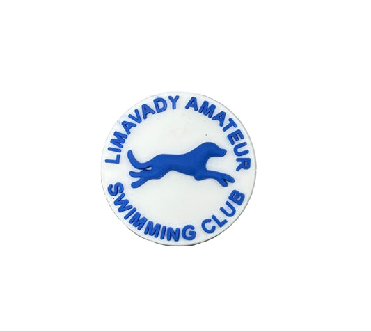 The Limavady Swimming Club Shoe Charm by All4Swim features a round white badge with a blue greyhound and 