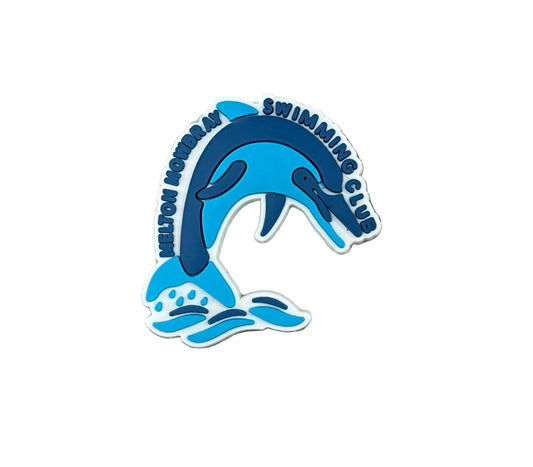 The All4Swim Melton Mowbray Swimming Club Shoe Charm - Dolphin 2 features a blue dolphin leaping over waves with 