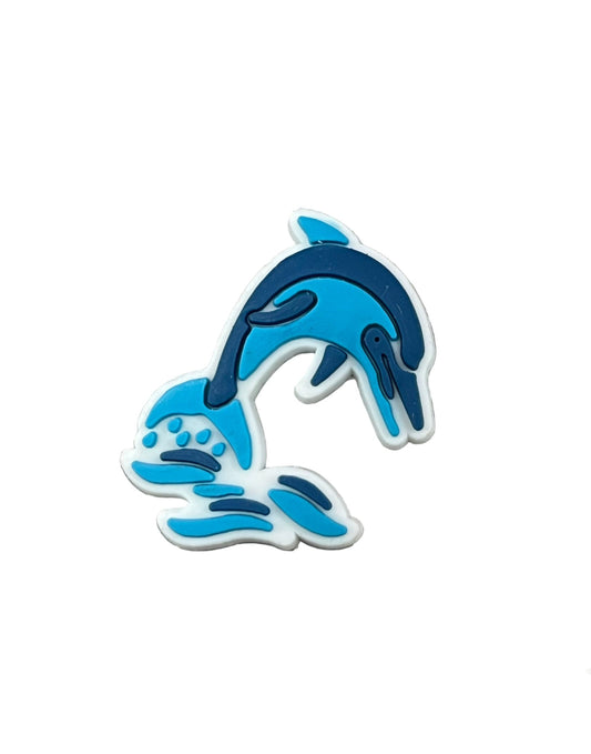 The All4Swim Melton Mowbray Swimming Club Shoe Charm features a simple blue dolphin cartoon leaping from water—ideal for adding fun to your poolside shoes or Crocs.