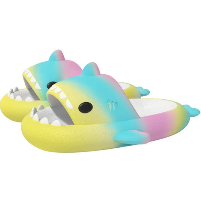 Rainbow Shark Sliders - Yellow/Green/Pink - All4Swim