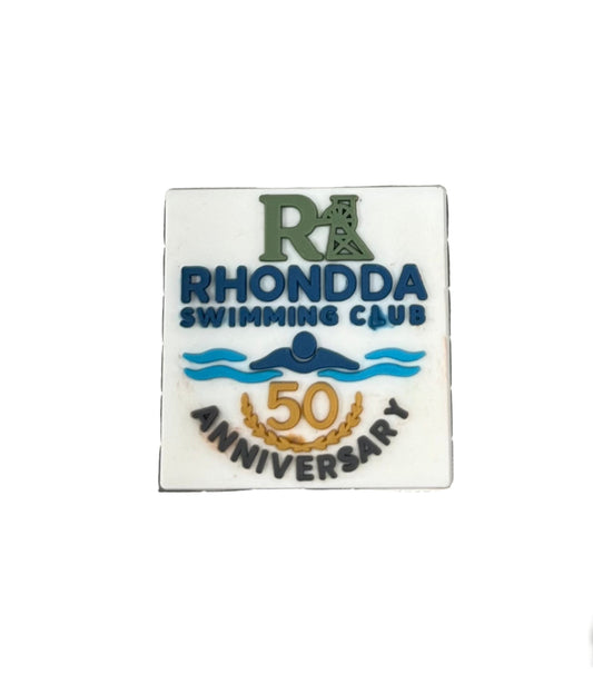 Celebrate Rhondda Swimming Club’s 50th Anniversary with this All4Swim shoe charm, featuring blue and gold text, a swimmer graphic, and mining tower logo on white—perfect as a unique addition to your swimming or croc charm collection.