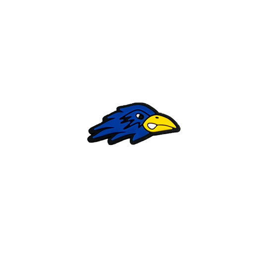 The All4Swim Corby Swimming Club Shoe Charm - Bird features a simple cartoon blue raven head with a yellow beak on white—ideal as a unique croc or swimming shoe charm.