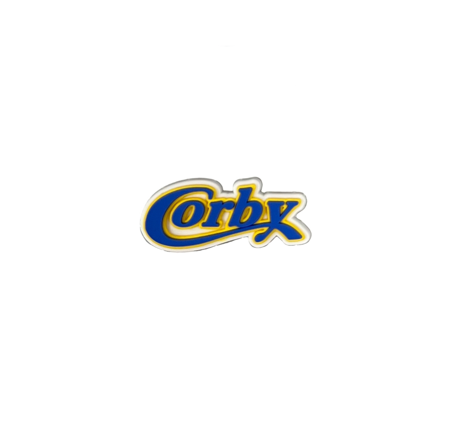The All4Swim Corby Swimming Club Shoe Charm showcases "Corby" in stylized yellow and blue letters with a white outline, capturing a playful Croc charm aesthetic on a simple white background.