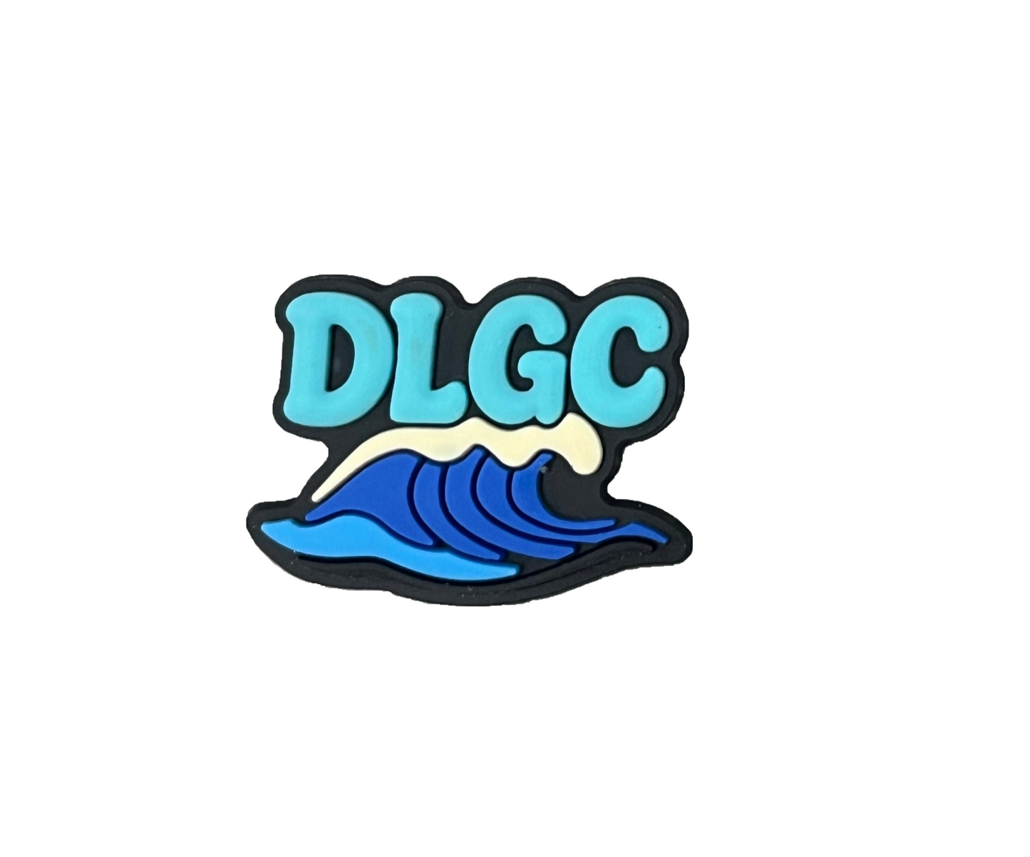 The Dover Life Guard Club Shoe Charm - Blue by All4Swim features "DLGC" in blue above stylized ocean waves with a yellow crest on a white background—ideal as a swimming or Croc charm for any poolside accessory collection.