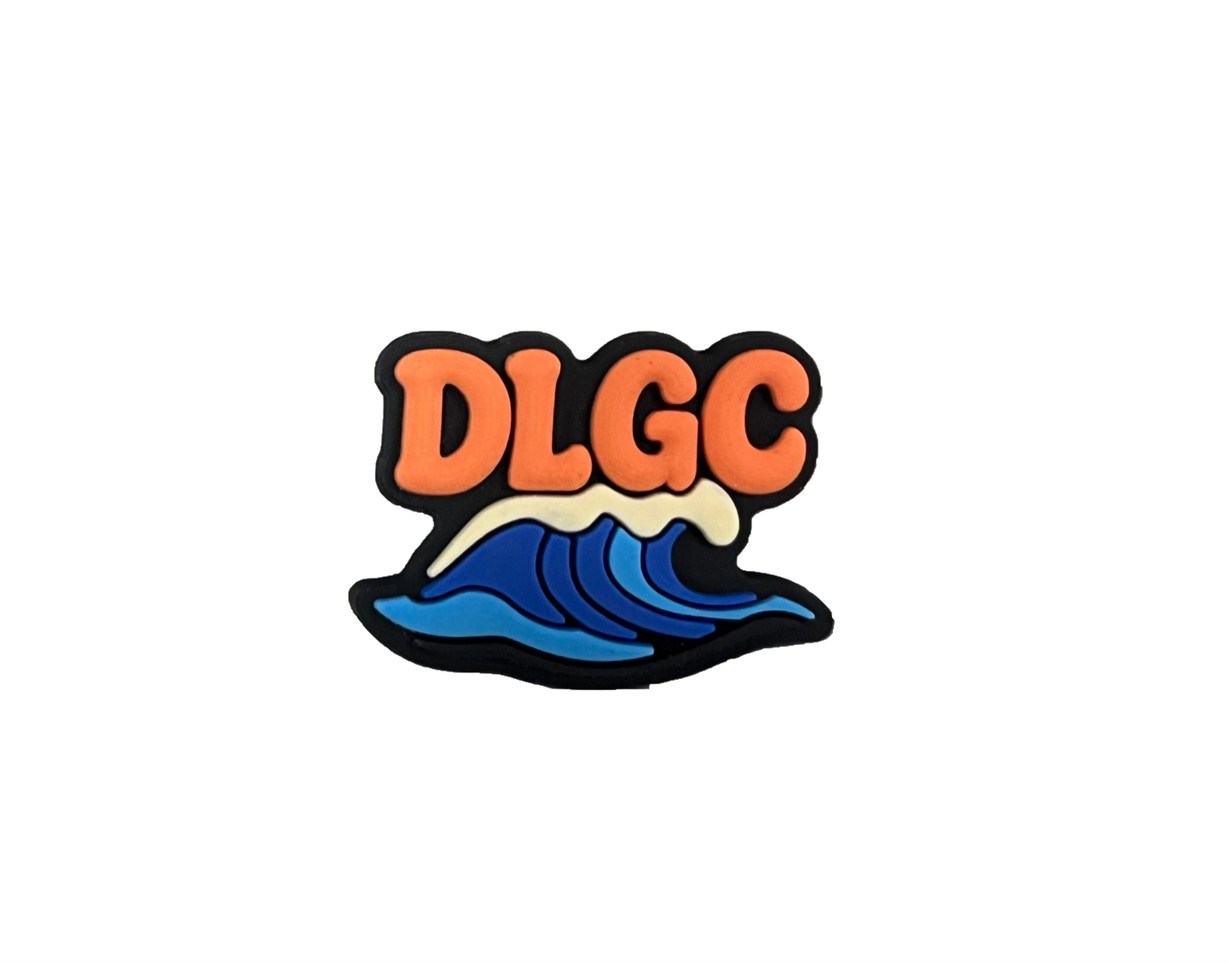 The Dover Life Guard Club Shoe Charm - Coral by All4Swim features an illustrated "DLGC" in orange above a blue wave, outlined in black on white—a fun croc or swimming shoe charm for playful poolside style.