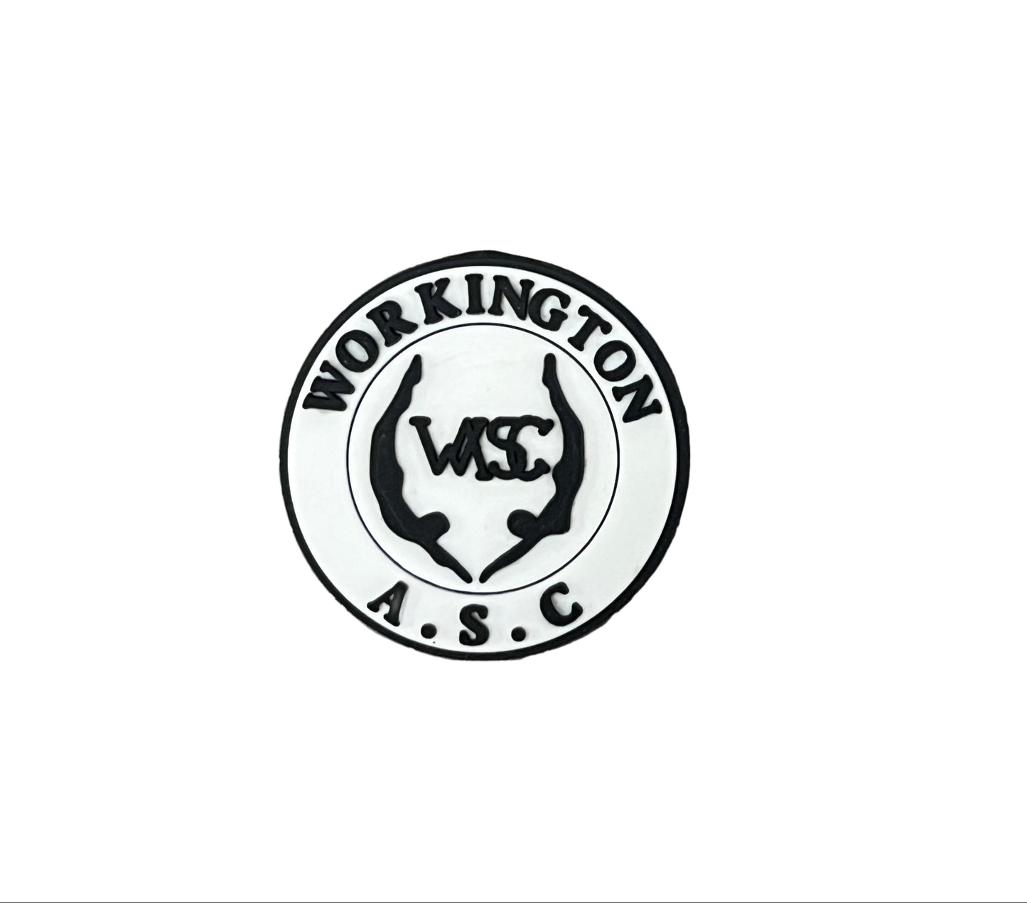 The All4Swim Workington Swimming Club Shoe Charm features a black and white circular logo with “WORKINGTON A.S.C” on the edge, “WASC” in the center, and two dolphins—ideal as a unique poolside or swim accessory.