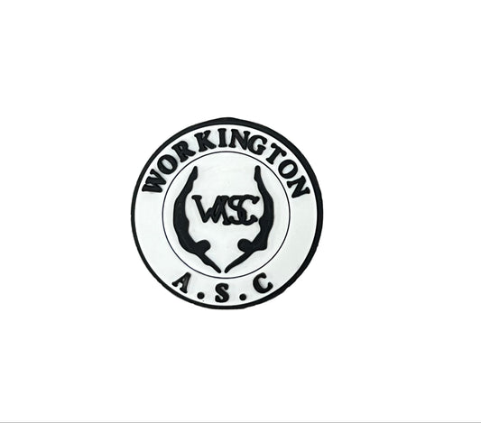 The All4Swim Workington Swimming Club Shoe Charm features a black and white circular logo with “WORKINGTON A.S.C” on the edge, “WASC” in the center, and two dolphins—ideal as a unique poolside or swim accessory.